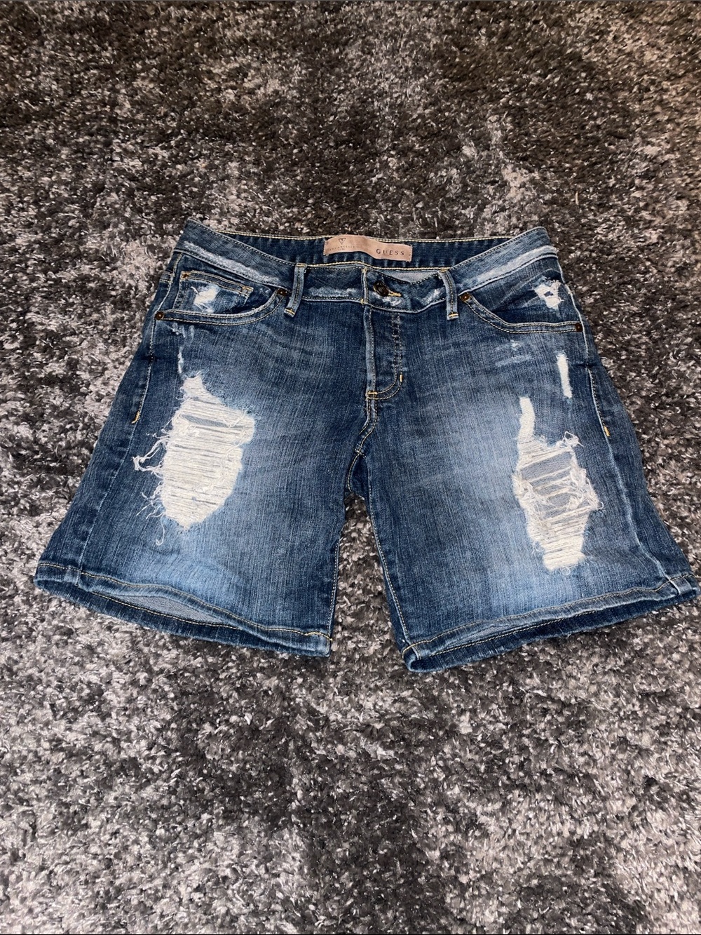 GUESS Blue Distressed Denim Bermuda Shorts